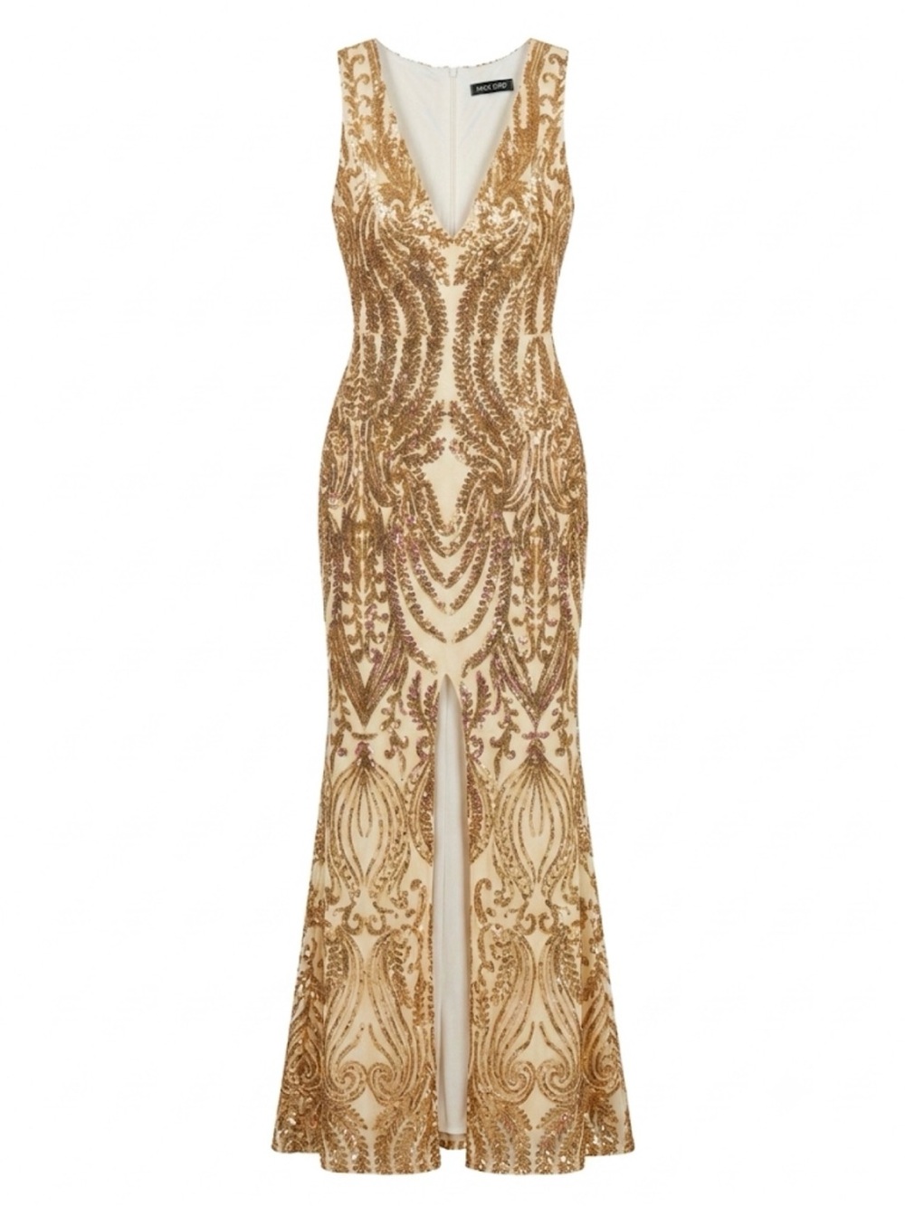 Gold Sequin V-Neck Maxi Dress with Front Slit